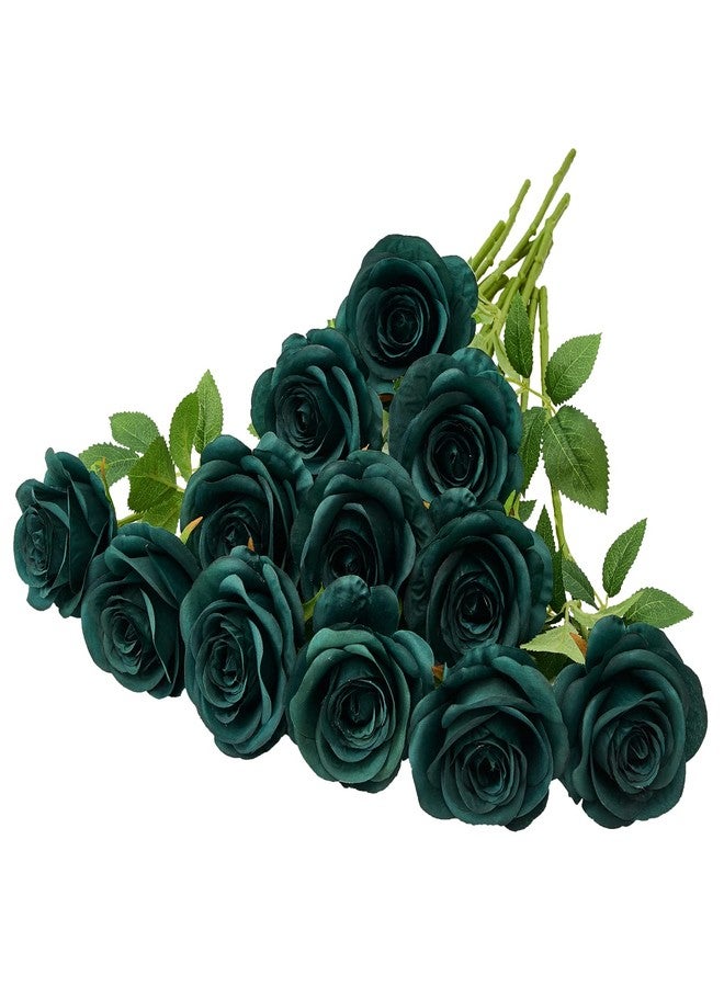 Helera 12PC Peacock Green Roses Artificial Flowers Fake Roses Silk Flowers Roses with Long Stems for Wedding Home Party Centerpieces Decorations - Image 1
